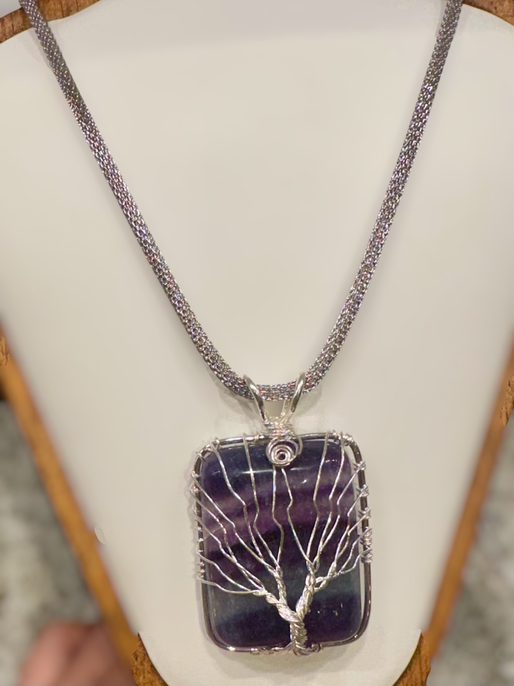 Handcrafted Fluorite Purple Tree of Life Pendant Necklace.